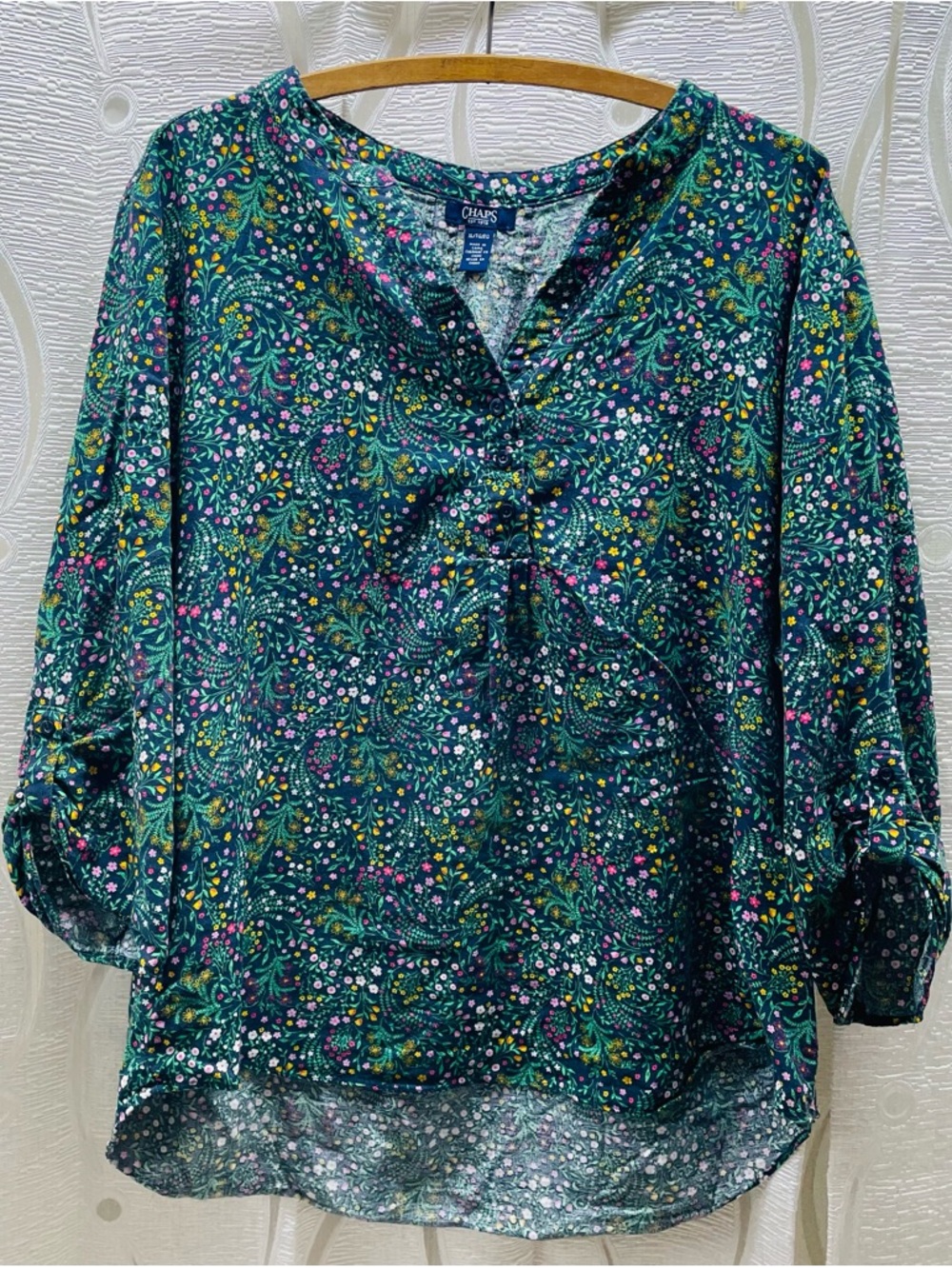 Chaps Floral Blouse‎ Womens XL Green Linen Blend Roll Tab Sleeve Excellent Boho